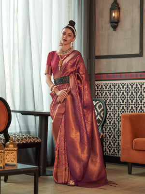 Maroon–Copper kanjivaram silk saree with traditional zari motifs and bridal styling for grand events. Two-tone wedding saree in Maroon–Copper with jacquard pallu and festive bridal drape.