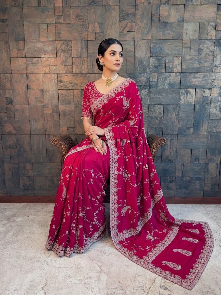 Pink Satin Crepe Handwork Saree with Silver Embroidery Scalloped Bead &amp; Stone Work