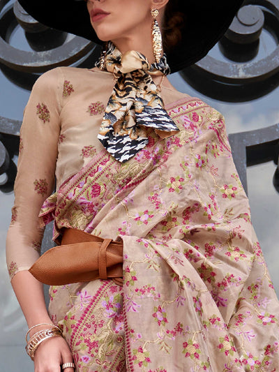 Champagne Beige organza parsi silk saree with intricate multicolor thread floral embroidery and handloom craftsmanship, ideal for wedding and styled perfectly for reception glam elegance and fashion-forward flair. This image captures the zoomed texture view illustrating fabric weave and print clarity, ideal for visualizing festive elegance, designer appeal, and modern styling inspiration. Perfect for online shoppers seeking detailed previews before purchase, enhancing saree visual merchandising and SEO-rich