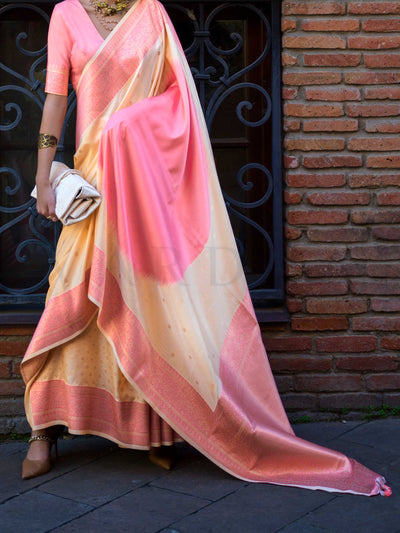 Peach & Yellow Soft Silk Handloom Saree with Contrast Pallu Festive Wear