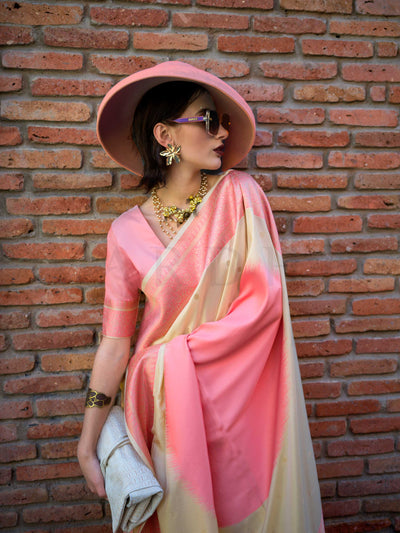 Peach & Yellow Soft Silk Handloom Saree with Contrast Pallu Festive Wear