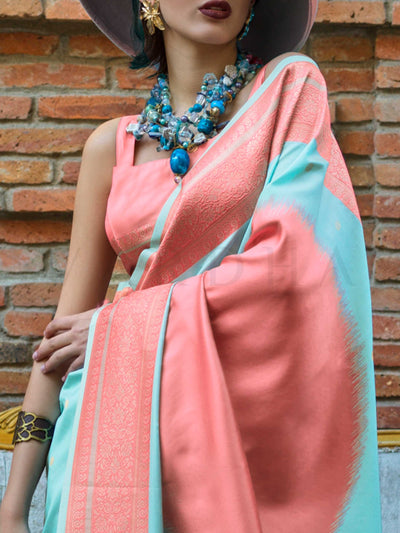 Aqua Blue & Coral Soft Silk Handloom Saree with Woven Border