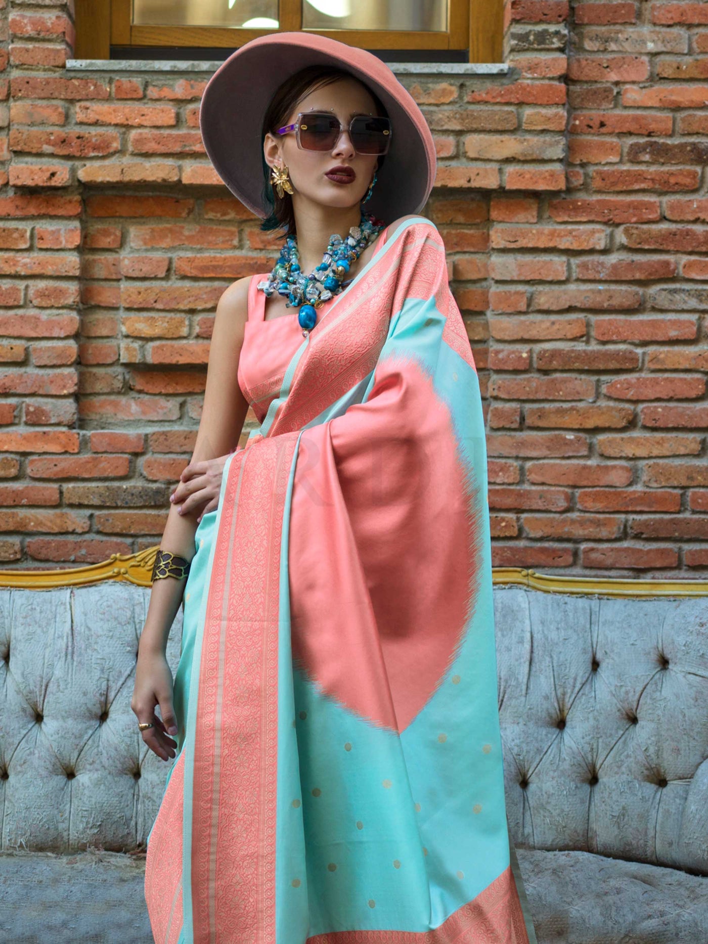 Aqua Blue & Coral Soft Silk Handloom Saree with Woven Border