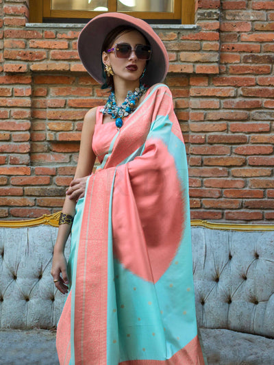 Aqua Blue & Coral Soft Silk Handloom Saree with Woven Border