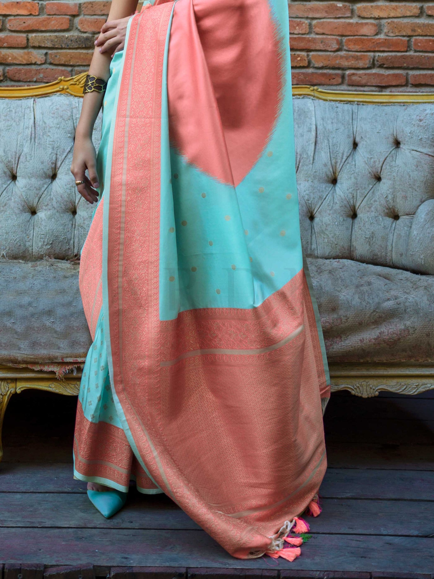 Aqua Blue & Coral Soft Silk Handloom Saree with Woven Border