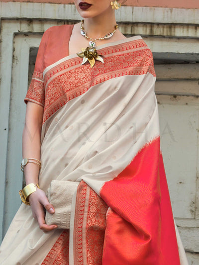 Ivory & Red Soft Silk Handloom Saree with Traditional Weave Classic Wedding Saree