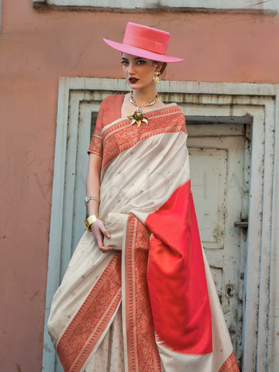 Ivory & Red Soft Silk Handloom Saree with Traditional Weave Classic Wedding Saree