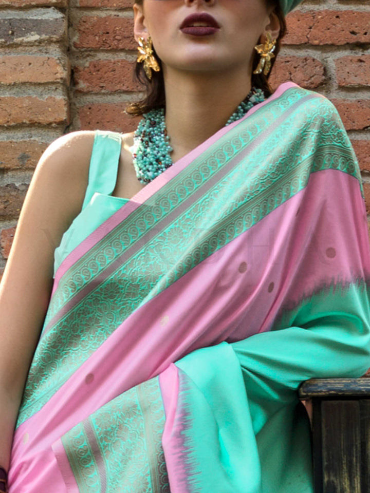 Blush Pink & Mint Green Soft Silk Handloom Saree with Embroidered Border Wedding Special