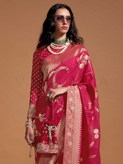 Rani Pink Georgette Handloom Saree with Gold Zari Detailing