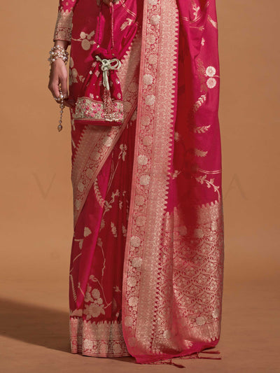 Rani Pink Georgette Handloom Saree with Gold Zari Detailing