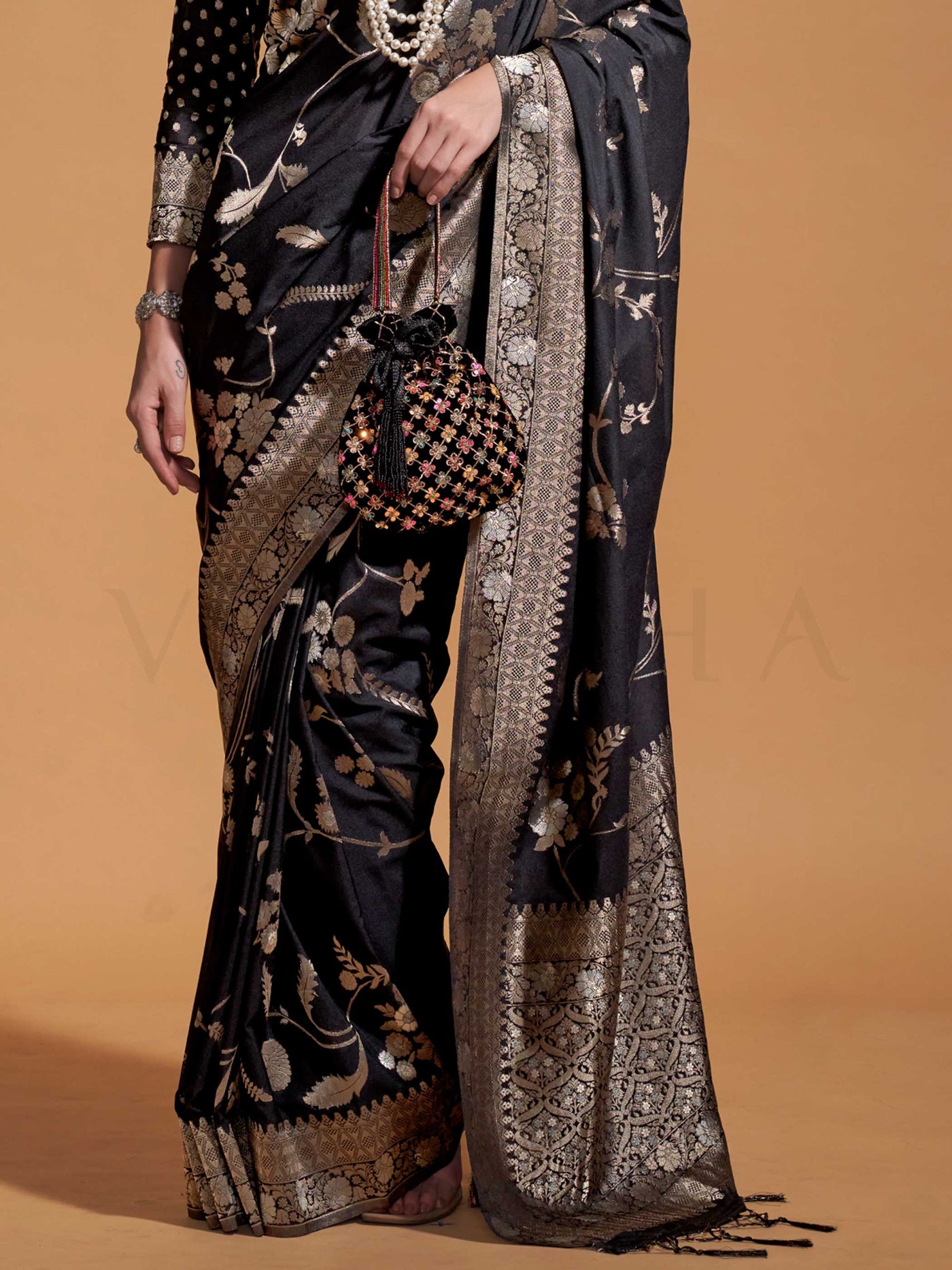 Black Georgette Handloom Saree with Gold Zari Detailing