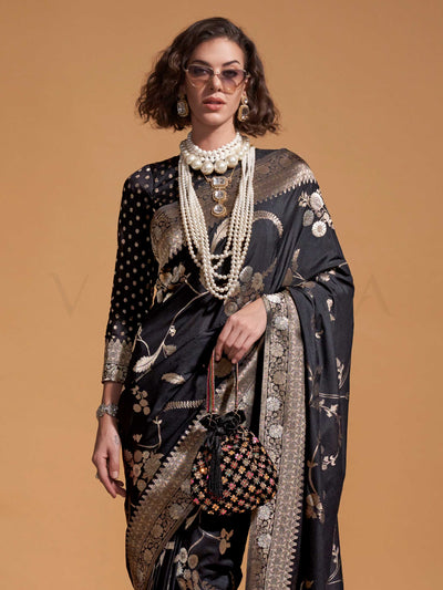 Black Georgette Handloom Saree with Gold Zari Detailing