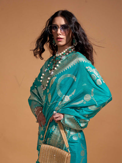 Turquoise Blue Georgette Handloom Saree with Gold Zari Detailing
