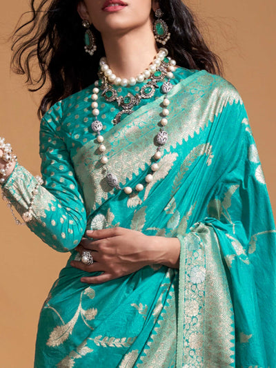 Turquoise Blue Georgette Handloom Saree with Gold Zari Detailing