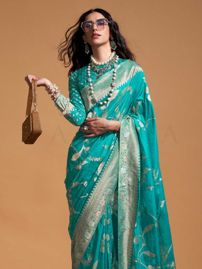 Turquoise Blue Georgette Handloom Saree with Gold Zari Detailing