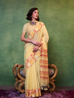Lemon Yellow–Rust cotton spun saree with floral check border and woven pallu, perfect for festive occasions. Elegant cotton saree in Lemon Yellow–Rust with breathable drape and soft floral borders.