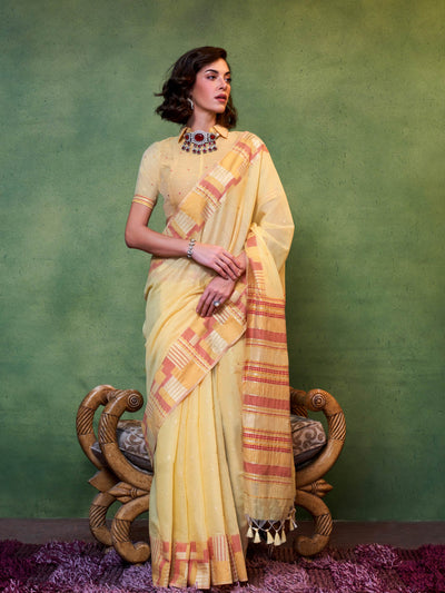 Lemon Yellow–Rust cotton spun saree with floral check border and woven pallu, perfect for festive occasions. Elegant cotton saree in Lemon Yellow–Rust with breathable drape and soft floral borders.