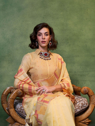lemon yellow saree woven pallu cotton rustic border saree ethnic cotton drape