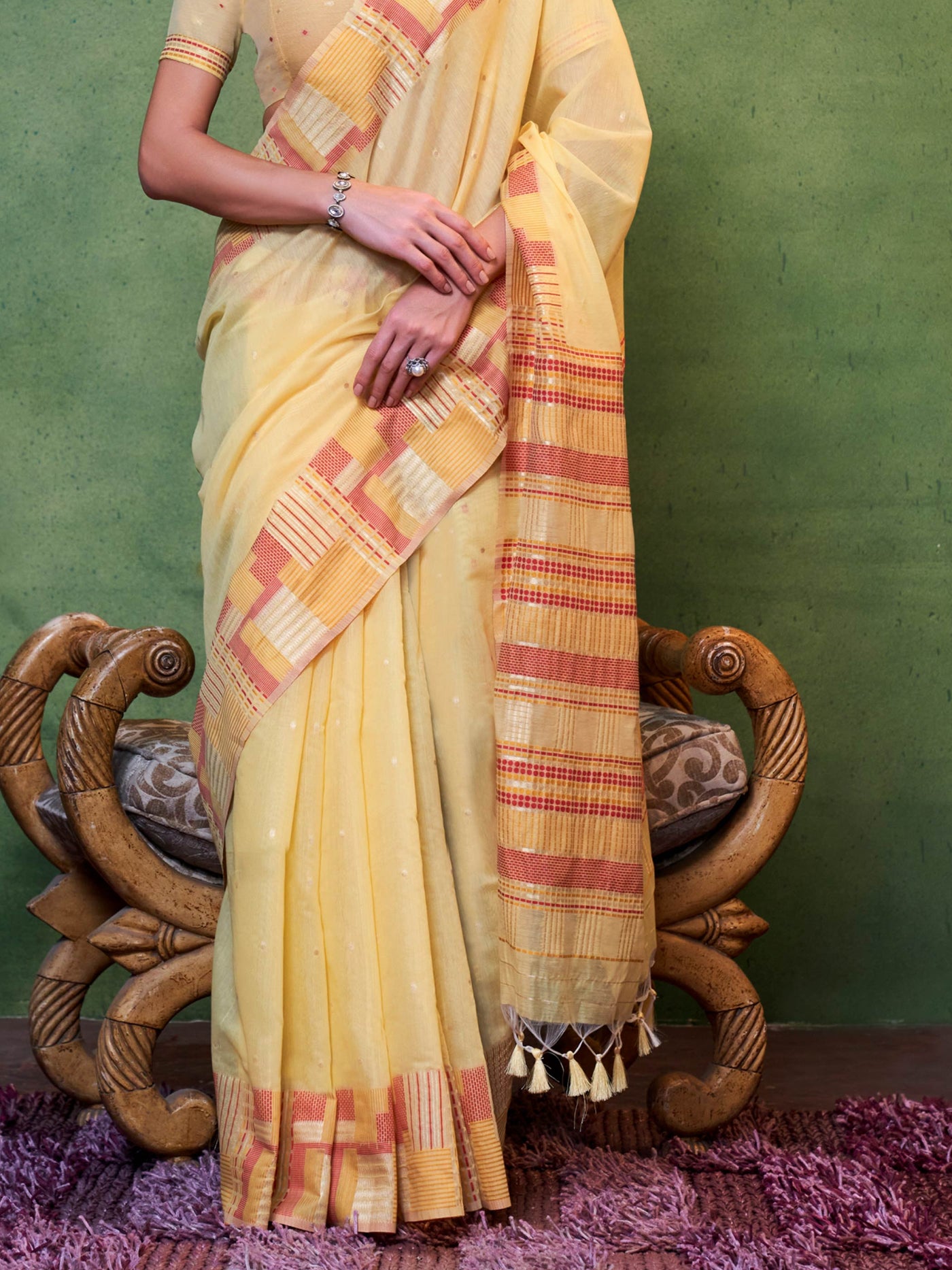 Lemon Yellow–Rust spun cotton drape with lightweight texture and floral borders for ceremonies. Lemon Yellow–Rust ethnic saree in cotton fabric, perfect for pooja, haldi or cultural meetups.
