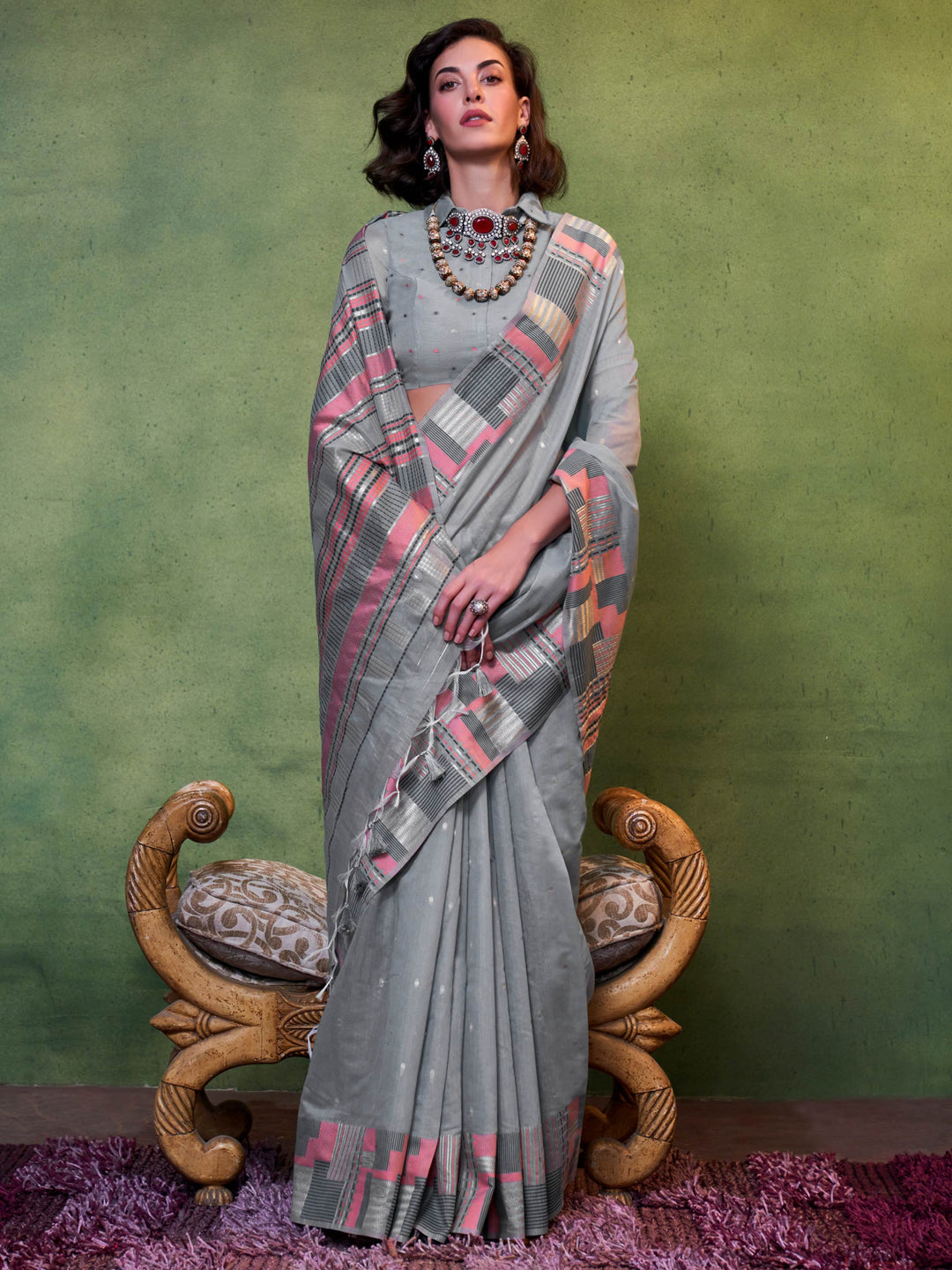 Dusty Blue–Rose cotton spun saree with floral check border and woven pallu, perfect for festive occasions. Elegant cotton saree in Dusty Blue–Rose with breathable drape and soft floral borders.