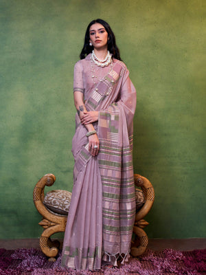 Dusty Mauve–Olive cotton spun saree with floral check border and woven pallu, perfect for festive occasions. Elegant cotton saree in Dusty Mauve–Olive with breathable drape and soft floral borders.
