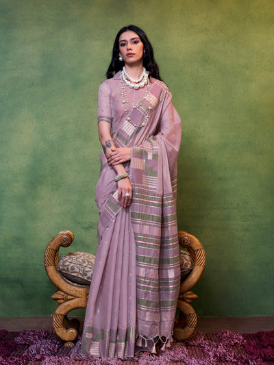 Dusty Mauve–Olive cotton spun saree with floral check border and woven pallu, perfect for festive occasions. Elegant cotton saree in Dusty Mauve–Olive with breathable drape and soft floral borders.