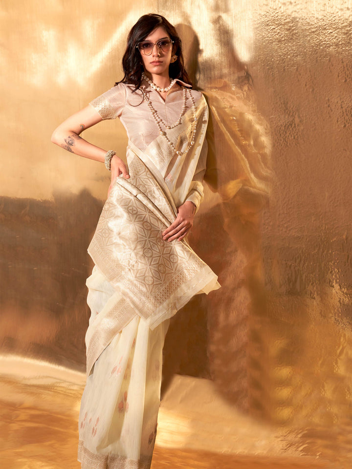 ivory linen saree beige woven saree floral pastel saree linen festive drape
