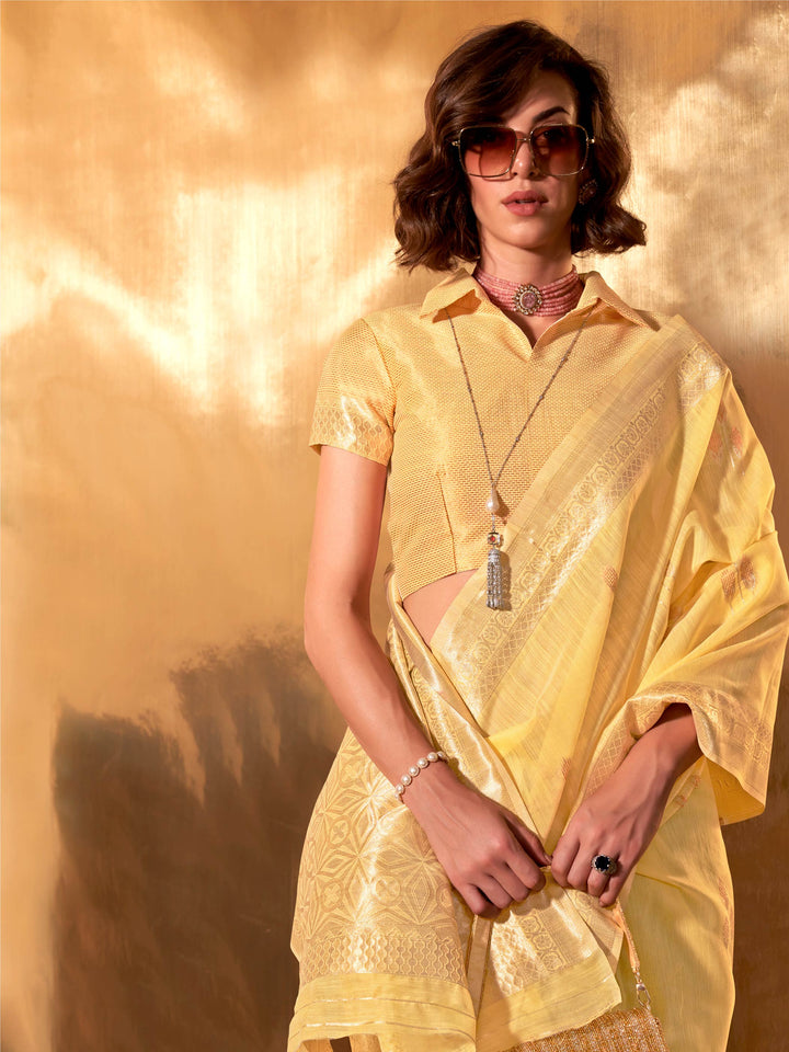 lemon yellow saree gold border linen cotton festive haldi look saree
