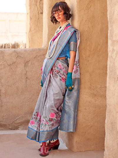 This Steel Blue–Blush Pink FeatherSoft saree features stunning printed floral work with floral detailing and grid textures, ideal for festive evenings and cocktail-ready styling. Designed for lightweight elegance and statement draping. SKU 376003. This Steel Blue–Blush Pink FeatherSoft saree features stunning printed floral work with floral detailing and grid textures, ideal for festive evenings and cocktail-ready styling. Designed for lightweight elegance and statement draping. SKU 376003.