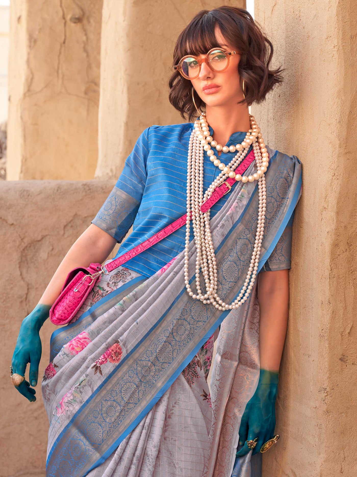 This Steel Blue–Blush Pink FeatherSoft saree features stunning printed floral work with floral detailing and grid textures, ideal for festive evenings and cocktail-ready styling. Designed for lightweight elegance and statement draping. SKU 376003. This Steel Blue–Blush Pink FeatherSoft saree features stunning printed floral work with floral detailing and grid textures, ideal for festive evenings and cocktail-ready styling. Designed for lightweight elegance and statement draping. SKU 376003.