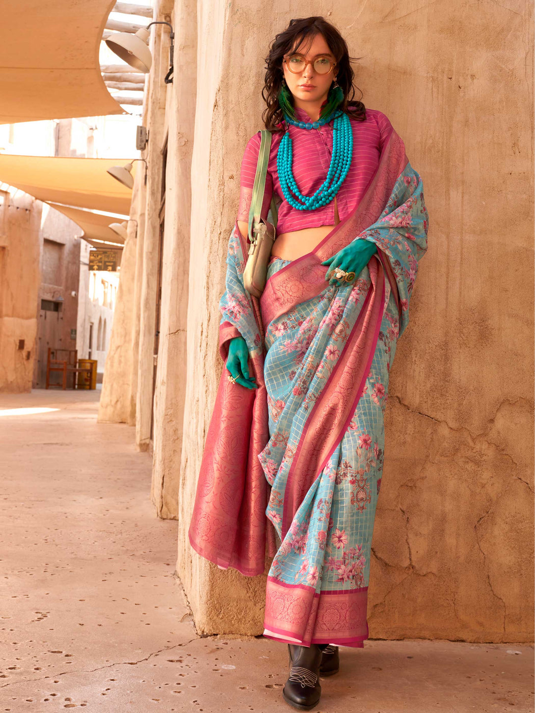 This Sky Blue–Magenta FeatherSoft saree features stunning printed floral work with floral detailing and grid textures, ideal for festive evenings and cocktail-ready styling. Designed for lightweight elegance and statement draping. SKU 376006. This Sky Blue–Magenta FeatherSoft saree features stunning printed floral work with floral detailing and grid textures, ideal for festive evenings and cocktail-ready styling. Designed for lightweight elegance and statement draping. SKU 376006.