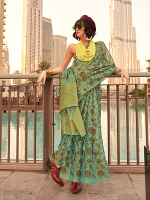 Sea Green and Golden zari tissue saree with printed floral motifs and zari pallu This image captures the front drape view highlighting pallu fall and pleats alignment, ideal for visualizing festive elegance, designer appeal, and modern styling inspiration. Perfect for online shoppers seeking detailed previews before purchase, enhancing saree visual merchandising and SEO-rich product display strategy.                                                                                                             