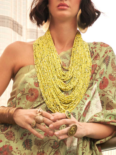 Olive Green and Mustard zari tissue saree with printed floral motifs and zari pallu This image captures the zoomed texture view illustrating fabric weave and print clarity, ideal for visualizing festive elegance, designer appeal, and modern styling inspiration. Perfect for online shoppers seeking detailed previews before purchase, enhancing saree visual merchandising and SEO-rich product display strategy.                                                                                                        