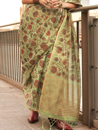 Olive Green and Mustard zari tissue saree with printed floral motifs and zari pallu This image captures the back drape focus revealing pallu finesse and motif richness, ideal for visualizing festive elegance, designer appeal, and modern styling inspiration. Perfect for online shoppers seeking detailed previews before purchase, enhancing saree visual merchandising and SEO-rich product display strategy.                                                                                                            