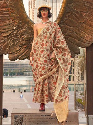 Beige and Golden zari tissue saree with printed floral motifs and zari pallu This image captures the front drape view highlighting pallu fall and pleats alignment, ideal for visualizing festive elegance, designer appeal, and modern styling inspiration. Perfect for online shoppers seeking detailed previews before purchase, enhancing saree visual merchandising and SEO-rich product display strategy.                                                                                                                 