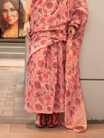 Blush Pink and Rose Gold zari tissue saree with printed floral motifs and zari pallu This image captures the back drape focus revealing pallu finesse and motif richness, ideal for visualizing festive elegance, designer appeal, and modern styling inspiration. Perfect for online shoppers seeking detailed previews before purchase, enhancing saree visual merchandising and SEO-rich product display strategy.                                                                                                           