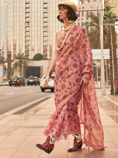 Blush Pink and Rose Gold zari tissue saree with printed floral motifs and zari pallu This image captures the model styling perspective with complete saree ensemble displayed, ideal for visualizing festive elegance, designer appeal, and modern styling inspiration. Perfect for online shoppers seeking detailed previews before purchase, enhancing saree visual merchandising and SEO-rich product display strategy.                                                                                                      