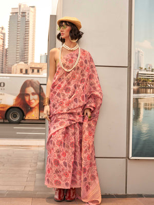 Blush Pink and Rose Gold zari tissue saree with printed floral motifs and zari pallu This image captures the front drape view highlighting pallu fall and pleats alignment, ideal for visualizing festive elegance, designer appeal, and modern styling inspiration. Perfect for online shoppers seeking detailed previews before purchase, enhancing saree visual merchandising and SEO-rich product display strategy.                                                                                                         