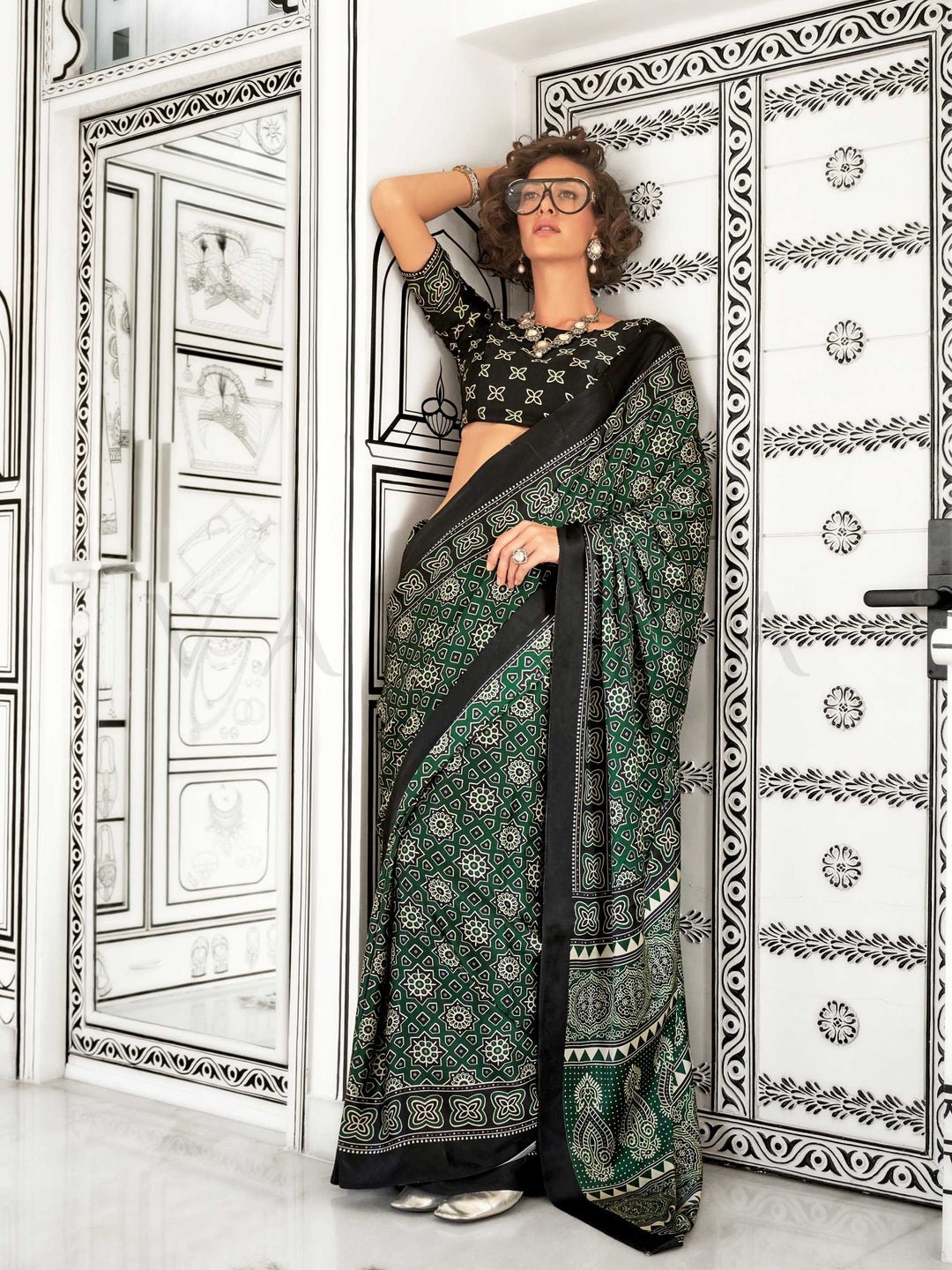 Dark Green Printed Ajarakh Satin Crepe  Saree