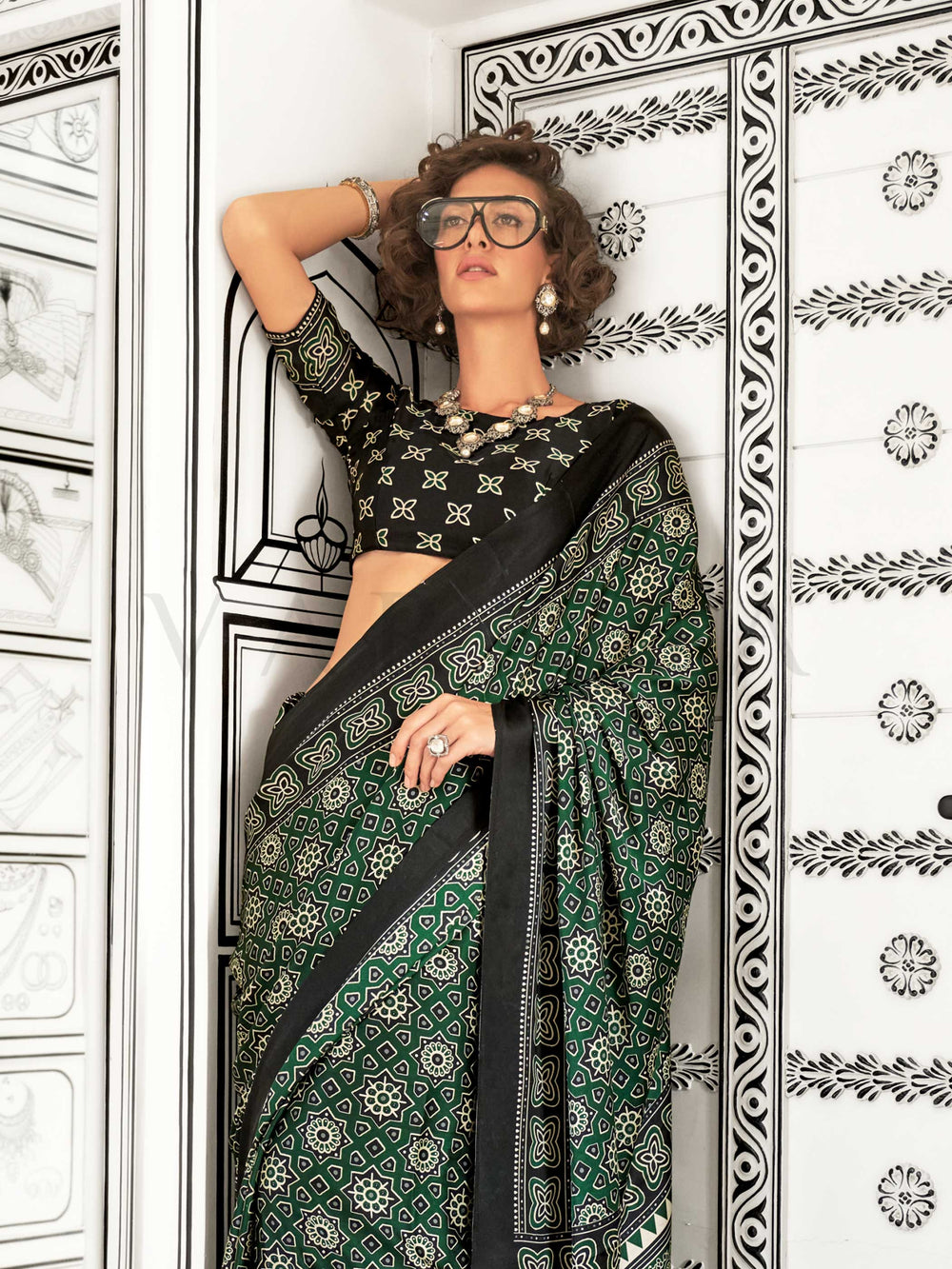 Dark Green Printed Ajarakh Satin Crepe  Saree