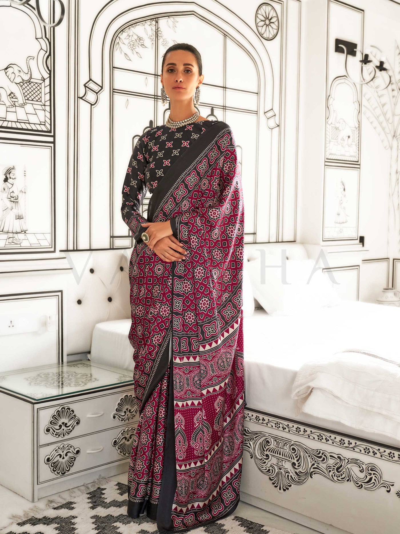 Maroon Printed Ajarakh Satin Crepe  Saree