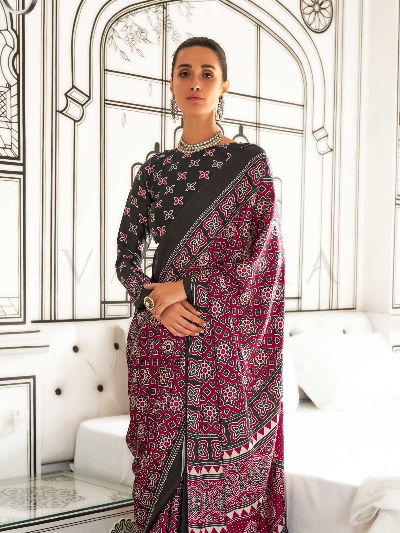 Maroon Printed Ajarakh Satin Crepe  Saree