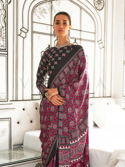 Maroon Printed Ajarakh Satin Crepe  Saree