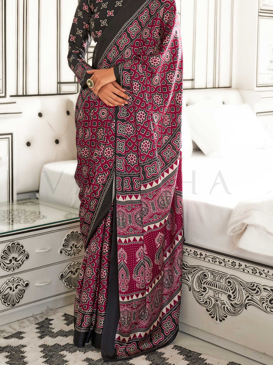 Maroon Printed Ajarakh Satin Crepe  Saree