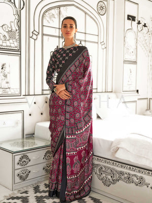 Maroon Printed Ajarakh Satin Crepe  Saree