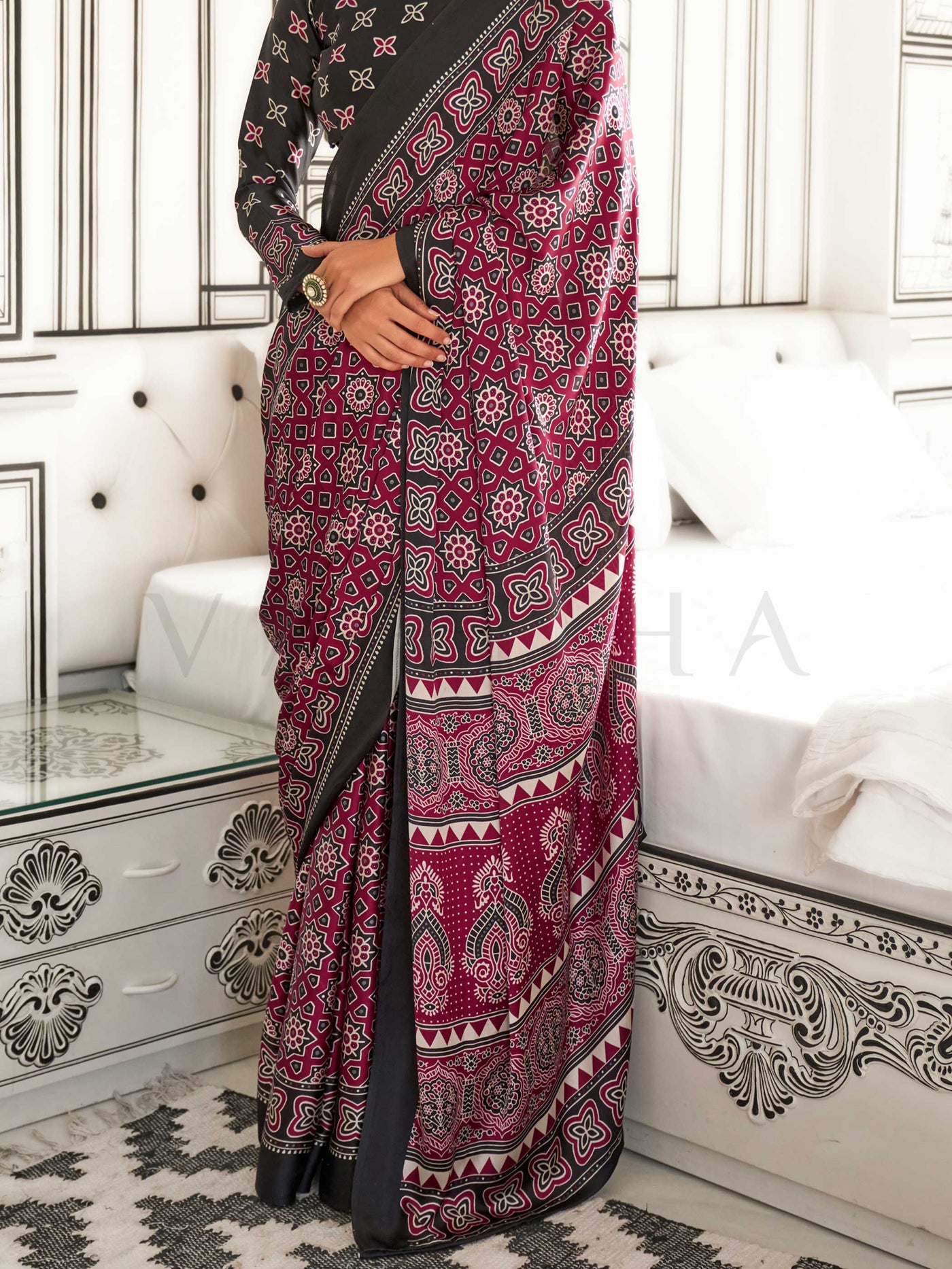 Maroon Printed Ajarakh Satin Crepe  Saree