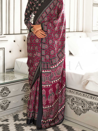 Maroon Printed Ajarakh Satin Crepe  Saree