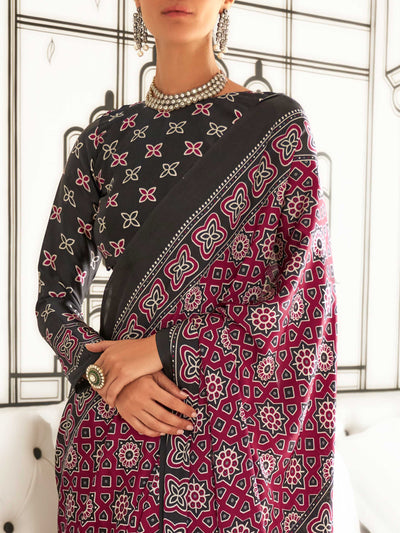 Maroon Printed Ajarakh Satin Crepe  Saree