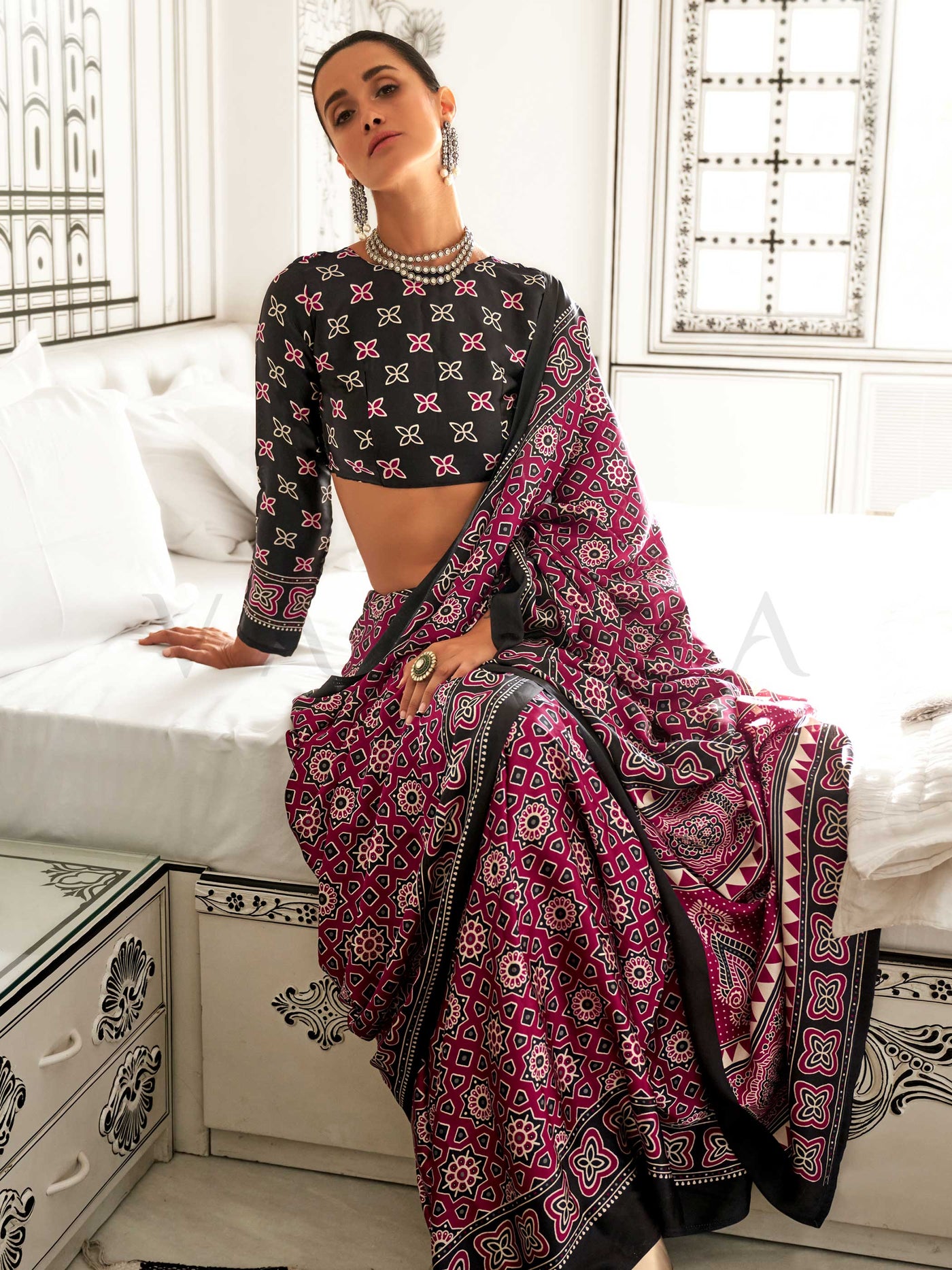 Maroon Printed Ajarakh Satin Crepe  Saree