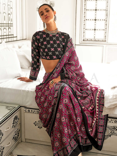 Maroon Printed Ajarakh Satin Crepe  Saree